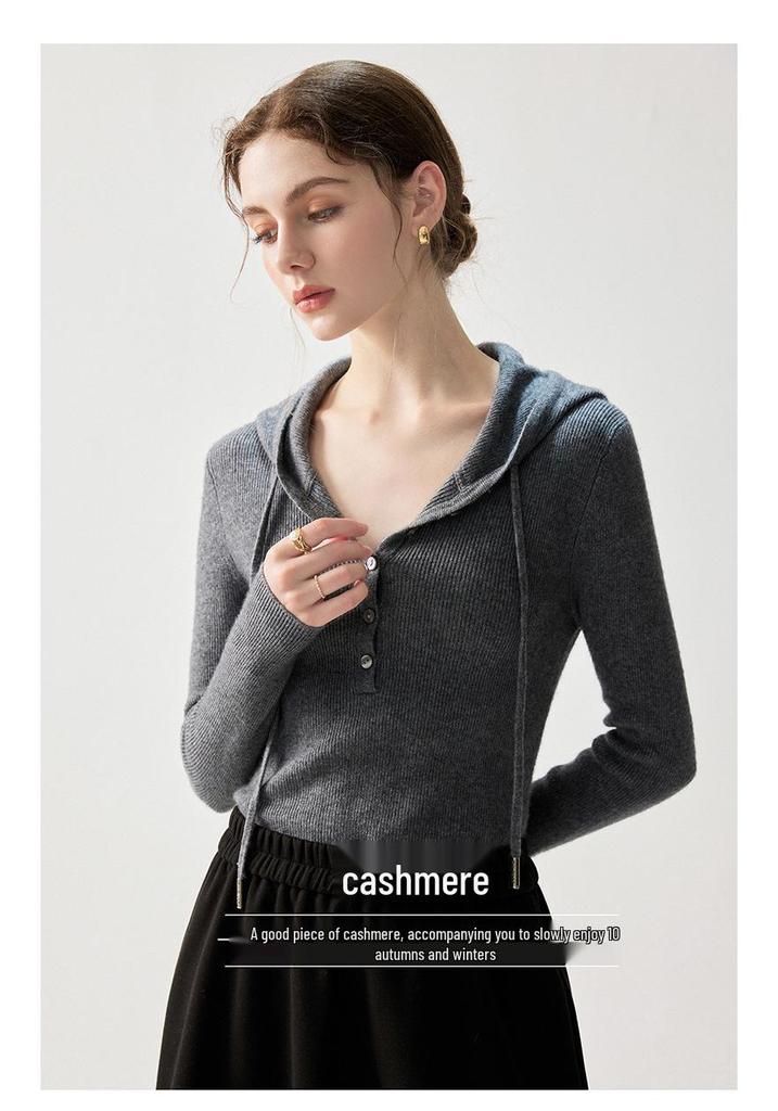 Women's Elegant Ribbed Cashmere Pullover - Slim Fit, Hooded, Solid Color, Autumn 2026 Collection.