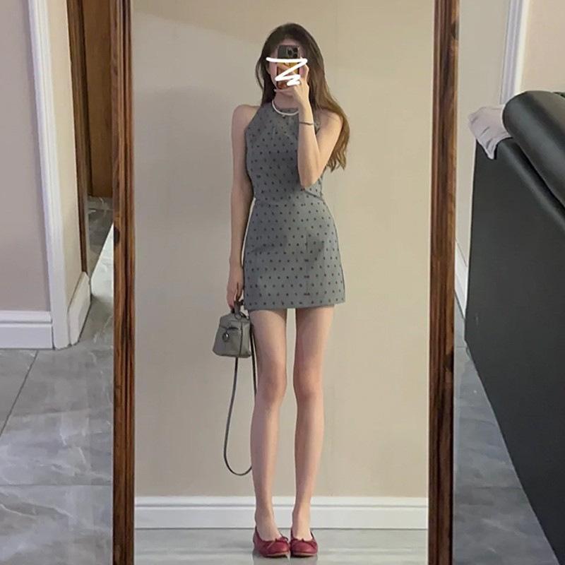 Summer French style temperament off-the-shoulder zipper polka dot neck dress women's small slim-fitting hip-wrapped short skirt