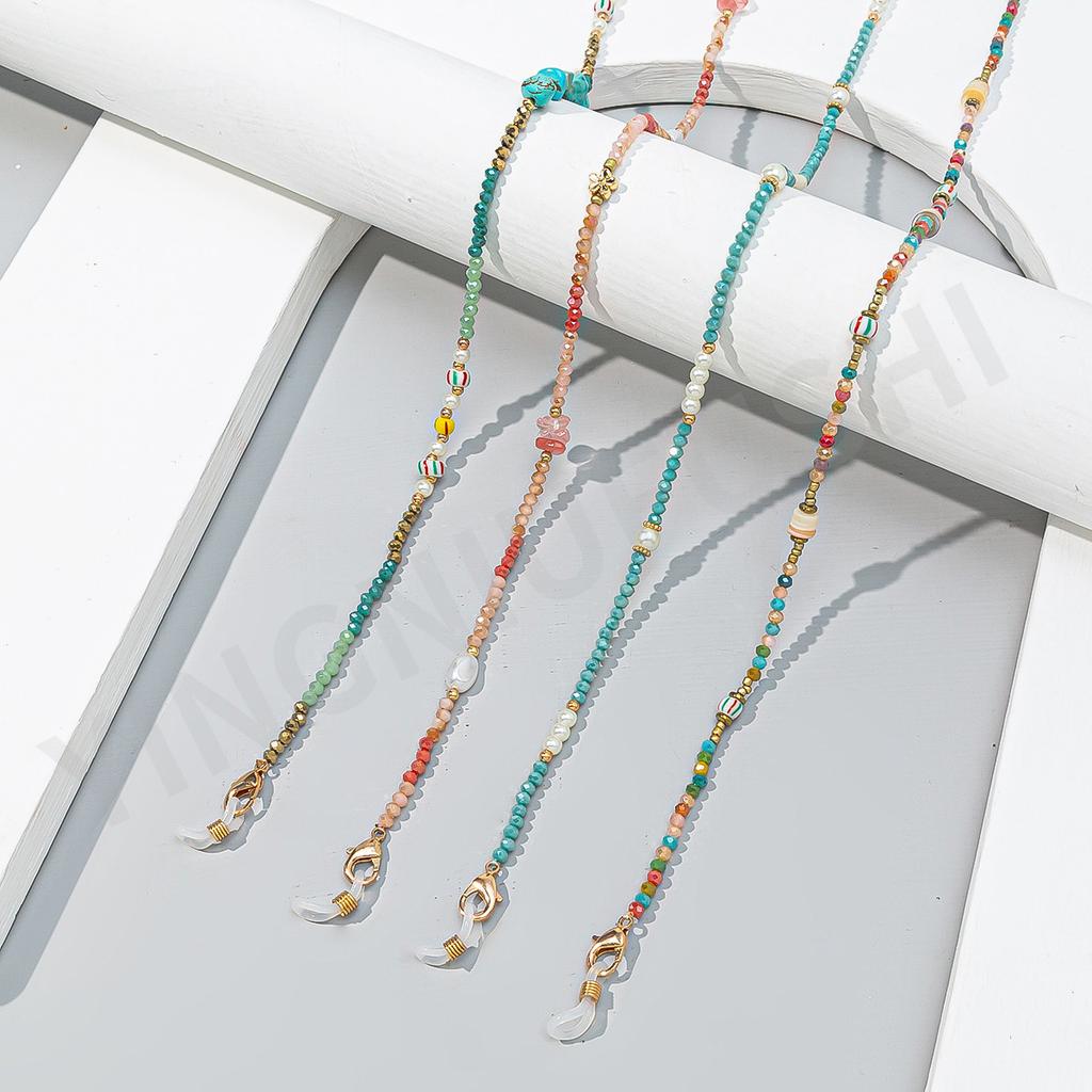 Creative Color Series Gravel Glasses Rope Ins Women's Anti-lost Pearl + Crystal Neck Glasses Chain Glasses Rope