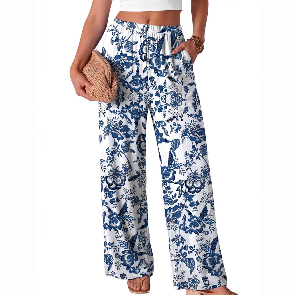 Women Loose Fit Wide Leg Trousers Casual High Waist Elastic Waistband Printed Long Pants for Everyday Wear