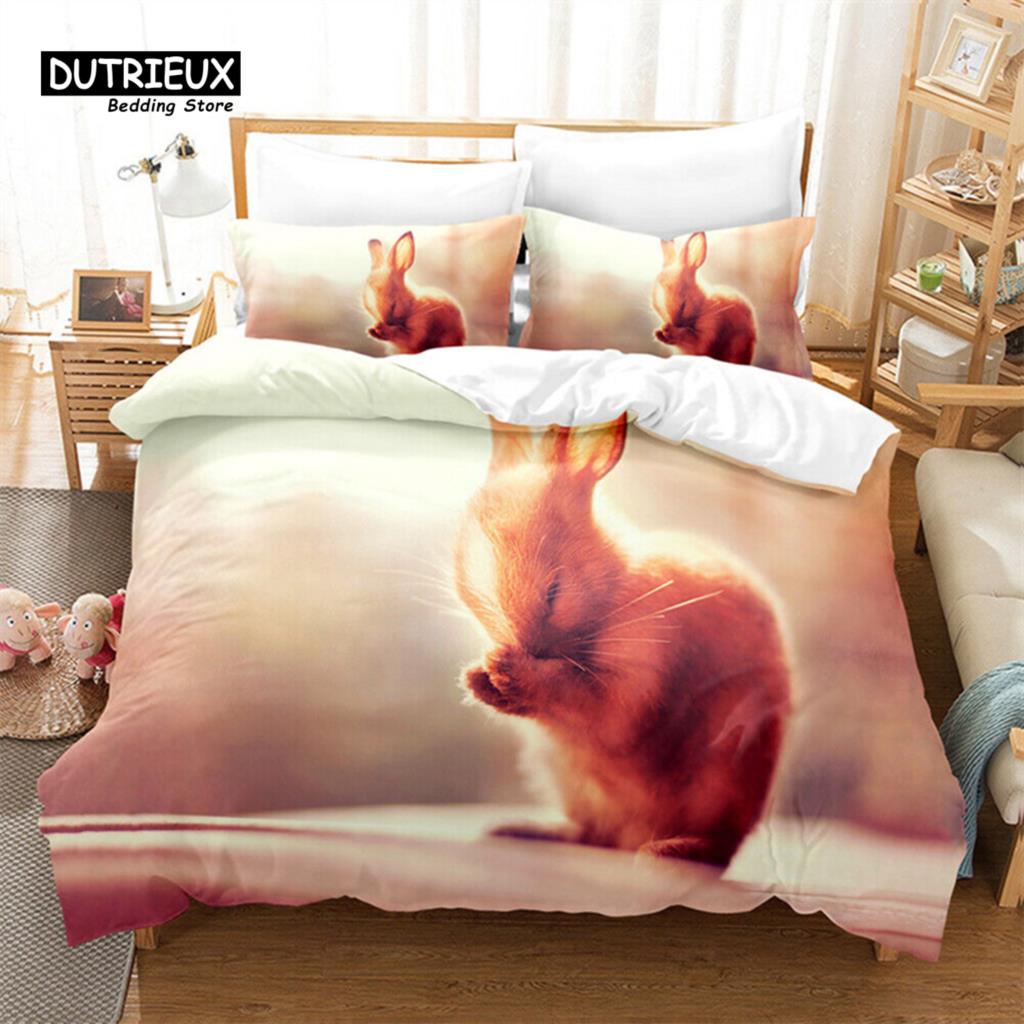 Bunnies Duvet Cover Mushroom Floral Bedding Set Cute Animal Rabbit Quilt Cover Twin Size Greetings and Presents for Easter Day