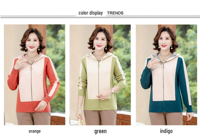 Mom's Stylish Autumn/Winter Zipper Jacket: Figure-Flattering Knit Cardigan for Middle-Aged and Elderly