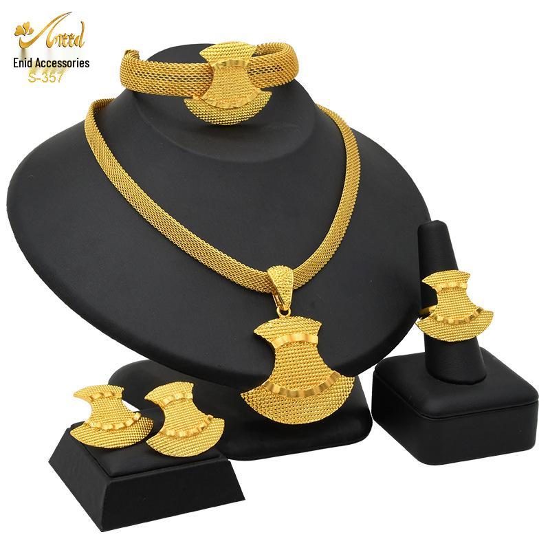 24K Dubai Gold Bridal Jewelry Set: Necklace, Bracelet, Earrings, Ring for African Women