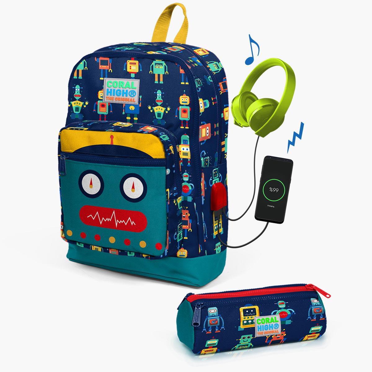 

Набор школьных сумок Coral High Kids, темно-синий, с рисунком робота Civit USB, 2 шт. SET0223284