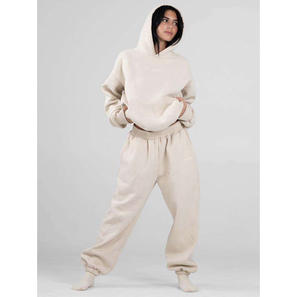 Comfrt Solid Color Embroidery Fleece Oversize Couple Hoodie Casual Loose Sweatpants Set