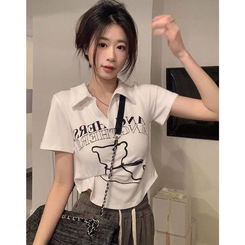 

Women s White Polo Collar Short-Sleeve Printed T-Shirt – Summer Style American Design XL (suggest 105-120 jin) чорний