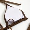 Women's Brown Mesh Cover Up 3 Piece Bikini Set, Halter Triangle Swimwear with Net Cover Up