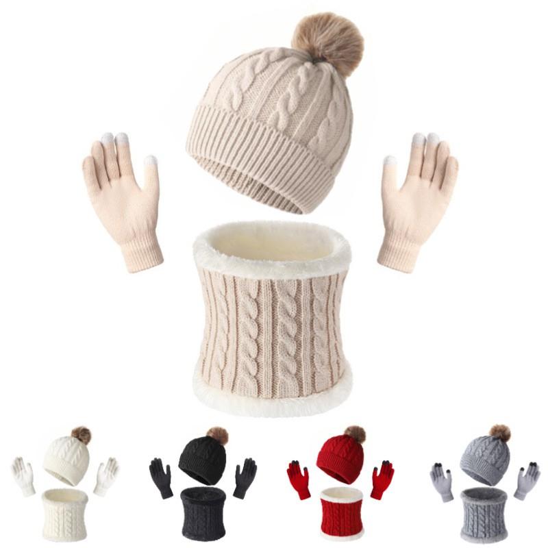 Warm Winter Knit Hat Scarf Gloves Set Men Women Outdoor Cold Weather Accessory Acrylic Triple Pack