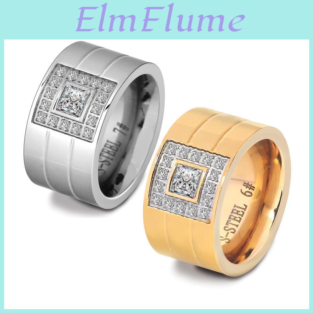 Jewelry Silver Ring Wide 12mm Color Stainless Steel White Stone Anillos Rhinestone Women Party Engagement Rings