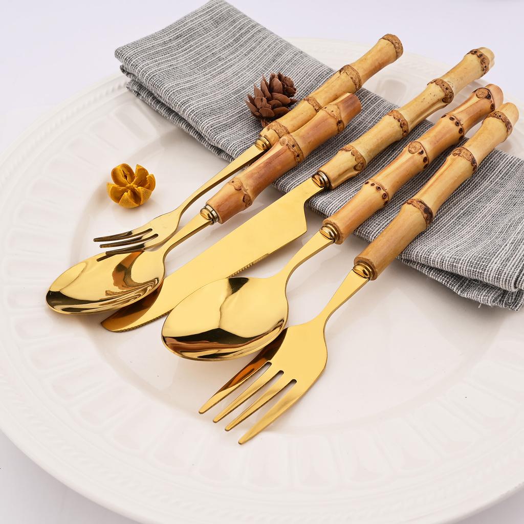 16-Piece Bamboo Handle Silverware Set Stainless Steel Flatware Set Include Spoons Forks Knives and Tea Forks, Cutlery Utensils Serves 4