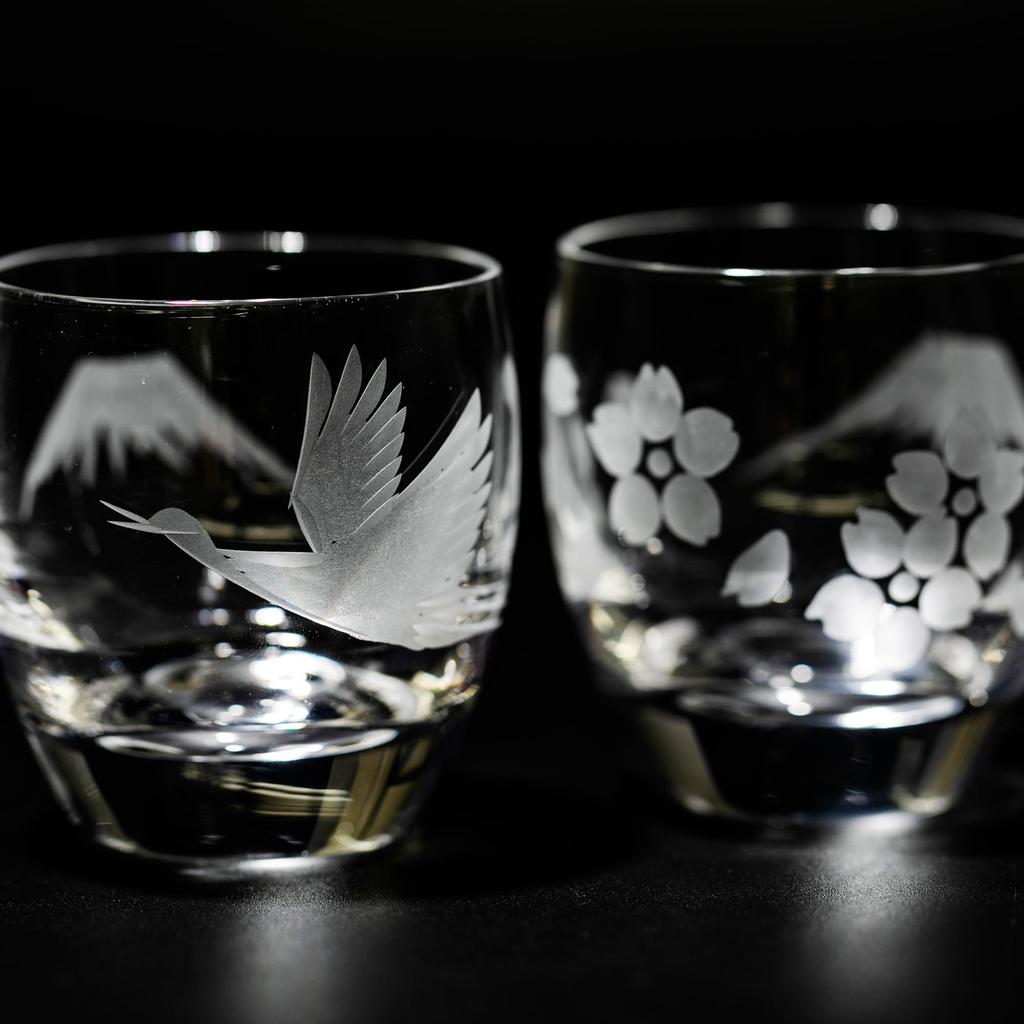 Kobo Edo Kiriko Sake Glasses Pair with Mount Crane Cherry Blossom Design Gift Box Included Made in Japan [Taimuro Official] Fuji, &