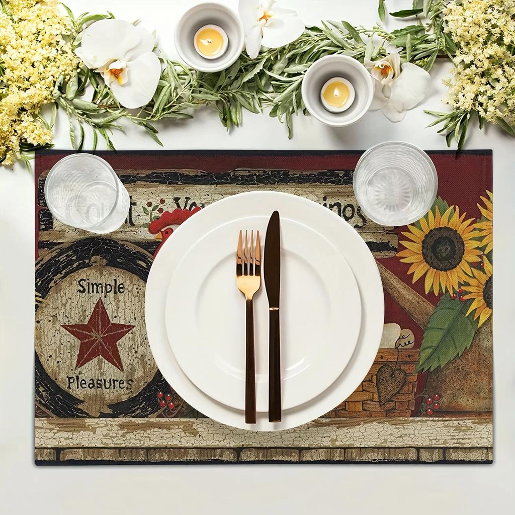1PC Set Linen Meal Mat with Rooster Pattern Farmhouse Style Decorative Table Pad Washable and Placemat Suitable for Kitchen