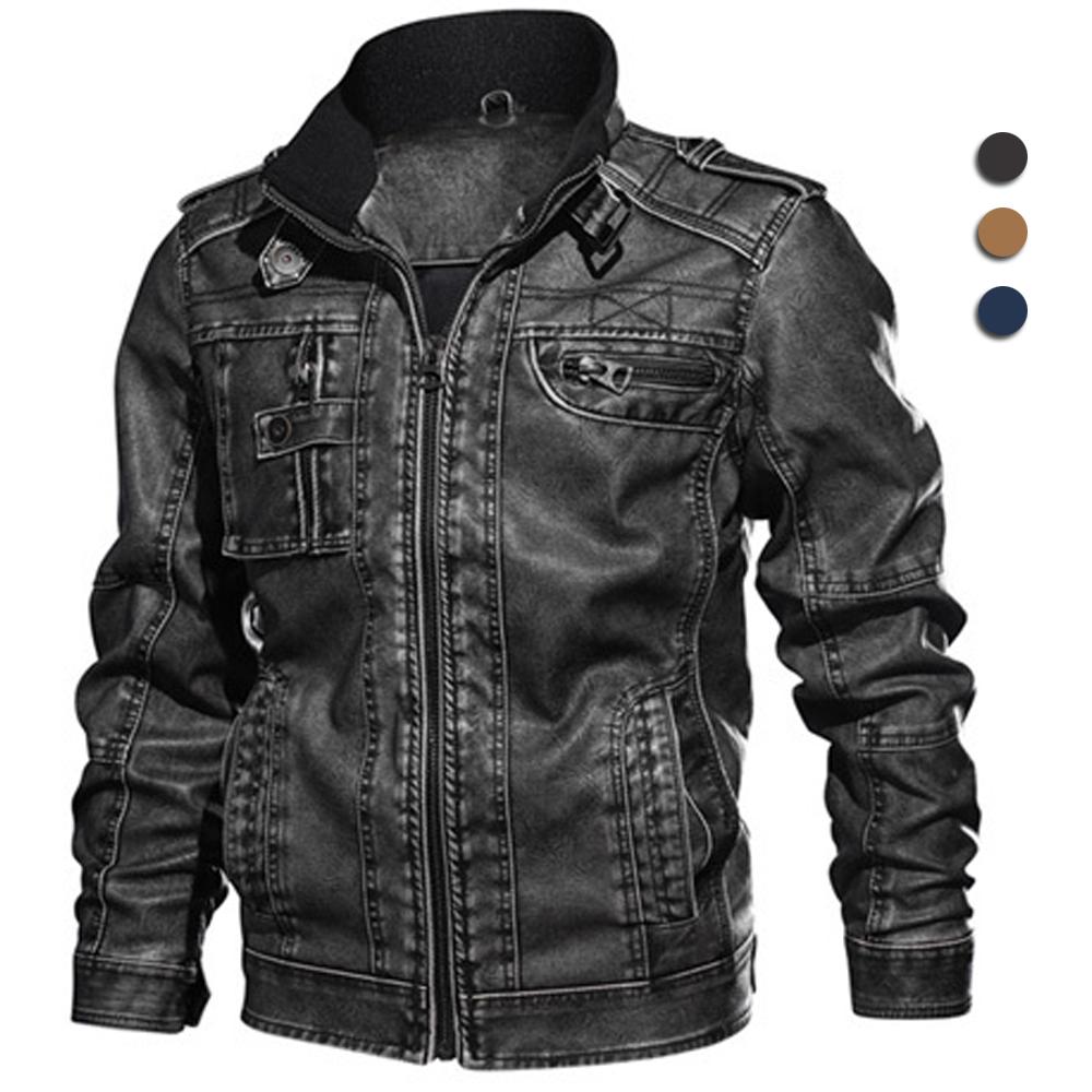 Kurtka skórzana jesienno-zimowa marki męska vintage biker kurtka z PU kurtki motocyklowe casualowe 3D kołnierzyk stójka grube topy