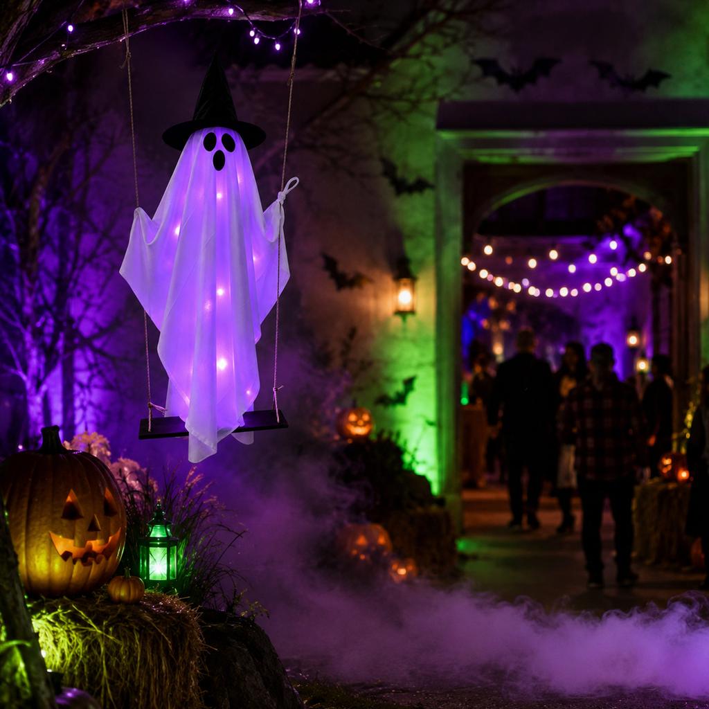 A Swing Halloween Decoration with String Lights - Outdoor Yard Decor for , House Party Prop