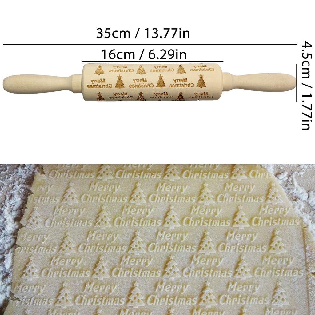 Wooden Rolling Pin for Christmas, 3D DIY Engraved Embossing Rolling Pins with Xmas Reindeer Flower Pattern, for Baking Cookies