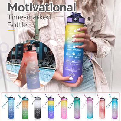 32oz/1000ml Motivational Fitness Sports Water Bottle With Time Marker & Straw, Large Wide Mouth Leakproof Durable