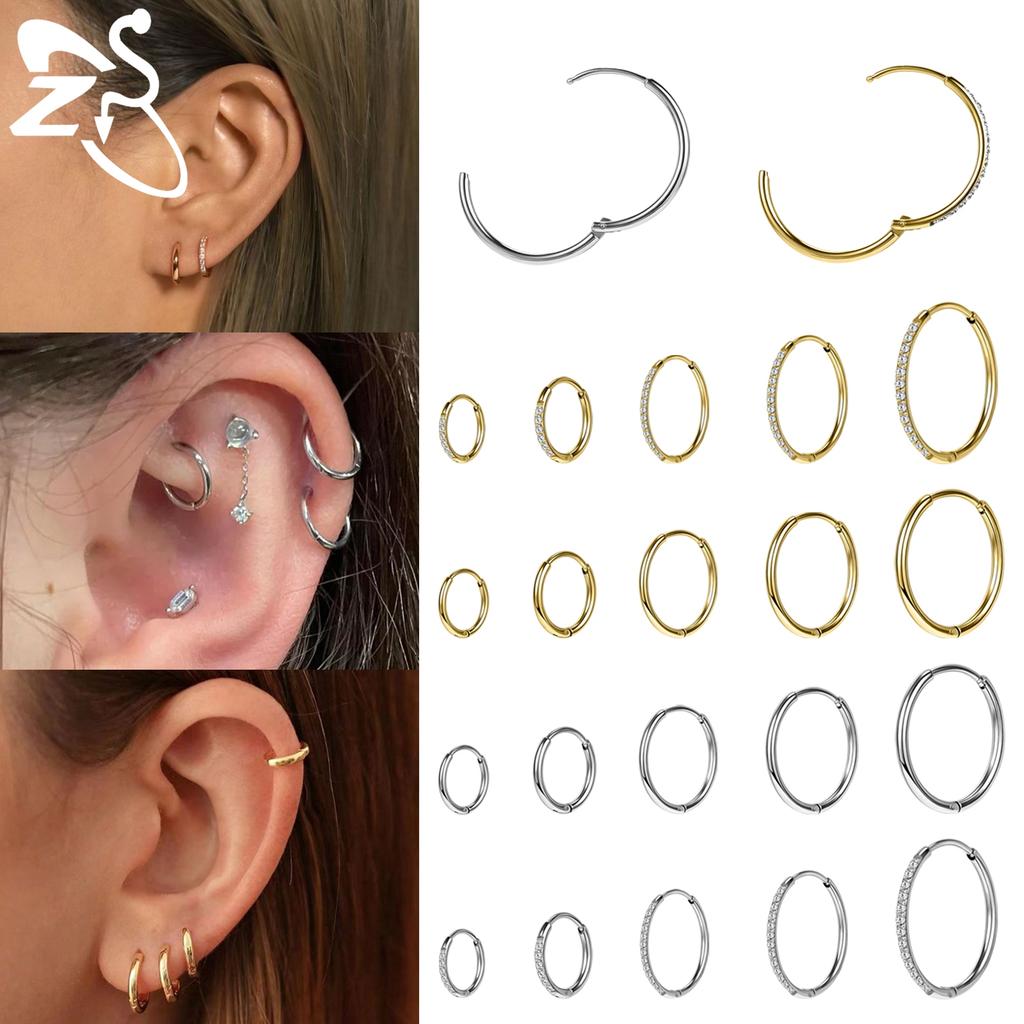 ZS 1 PC 20G Stainless Steel Hoop Earring 6/8/10/12MM Round Stud Earrings CZ Crystal Nose Ring Helix Cartilage Piercings Zircon