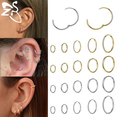 ZS 1 PC Boucle d'oreille créole en acier inoxydable 20G 6/8/10/12MM Boucles d'oreilles rondes à clous Cristal CZ Anneau de nez Piercings Hélix Cartilage Zircon