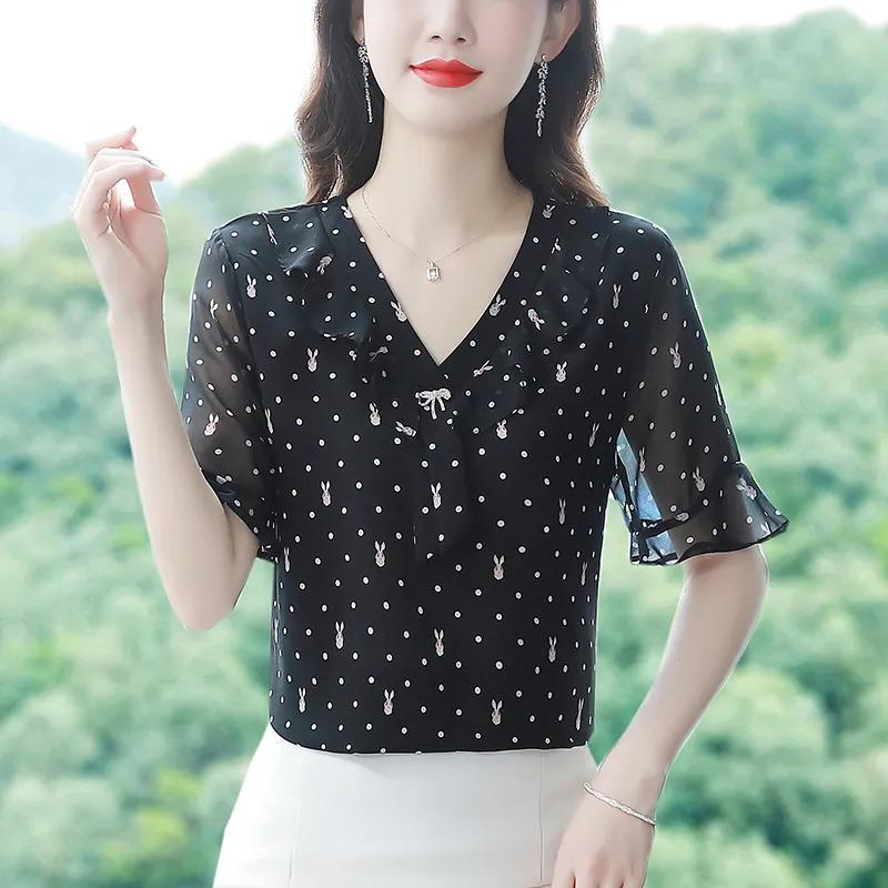 High-end Chiffon Shirt Fashionable Upscale Summer Loose Short-sleeved Top Elegant Dress Top