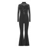 Girls Jazz Dance Costume Mock Neck Long Sleeve Cutout Back Sheer Mesh Sequins Bell Bottom Jumpsuit