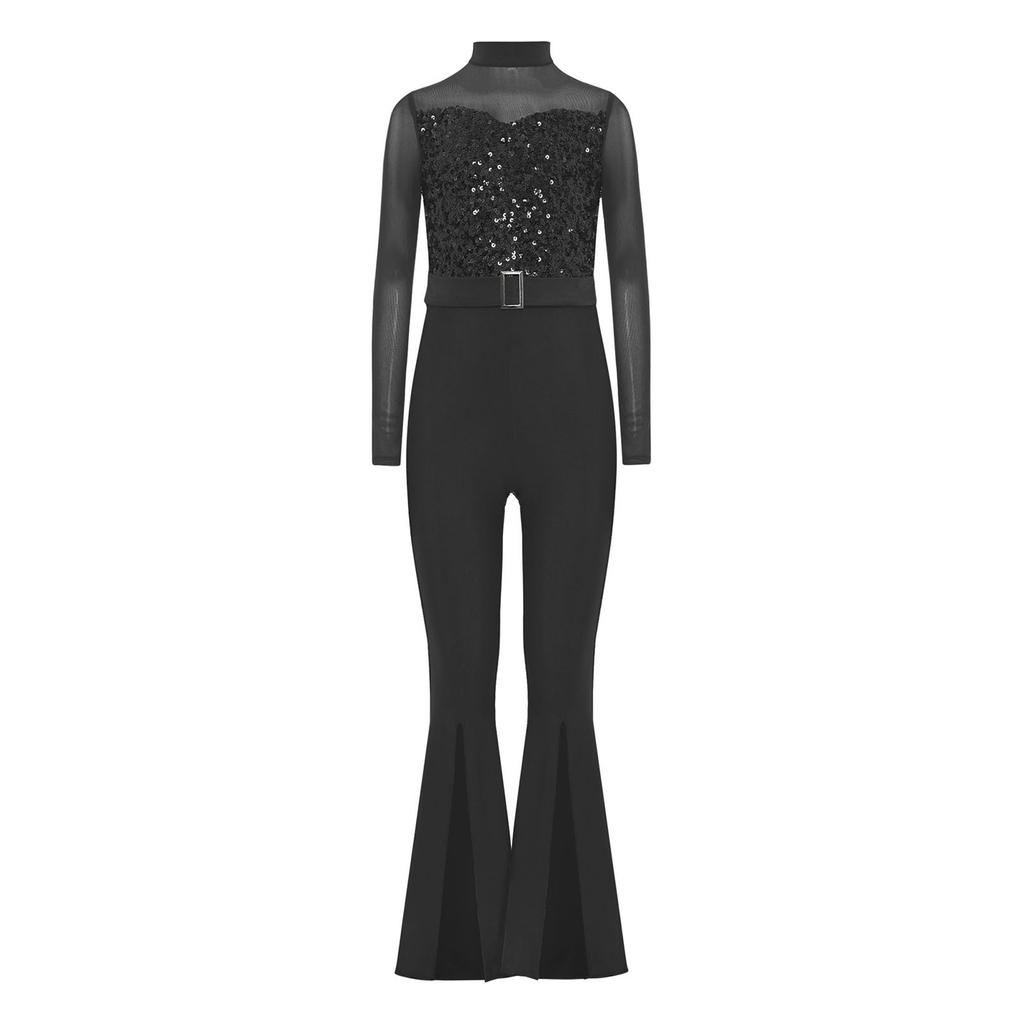 Girls Jazz Dance Costume Mock Neck Long Sleeve Cutout Back Sheer Mesh Sequins Bell Bottom Jumpsuit
