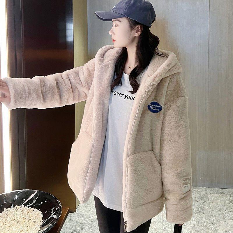 Autumn and Winter New Imitation Lamb Wool Thickened Loose Medium and Long Imitation Fur Coat Women's Plush Hooded Coat