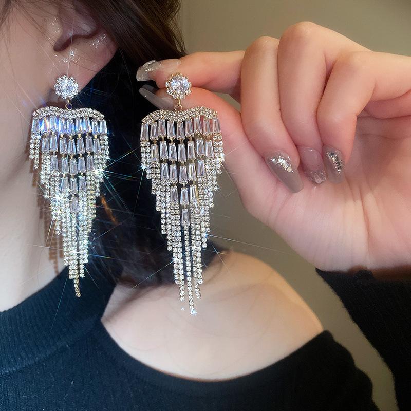 Silver Needle Diamond Water Drop Tassel Earrings - Elegant Court Style, Versatile & Luxurious Design.