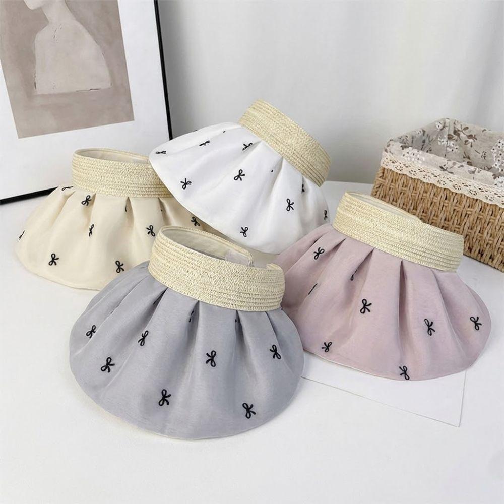 Trendy Wide Brim Women's Bow Sun Hat Empty Top Foldable Sun Visor Hat Quick-drying UV Protection Bucket Hat Summer Outdoor
