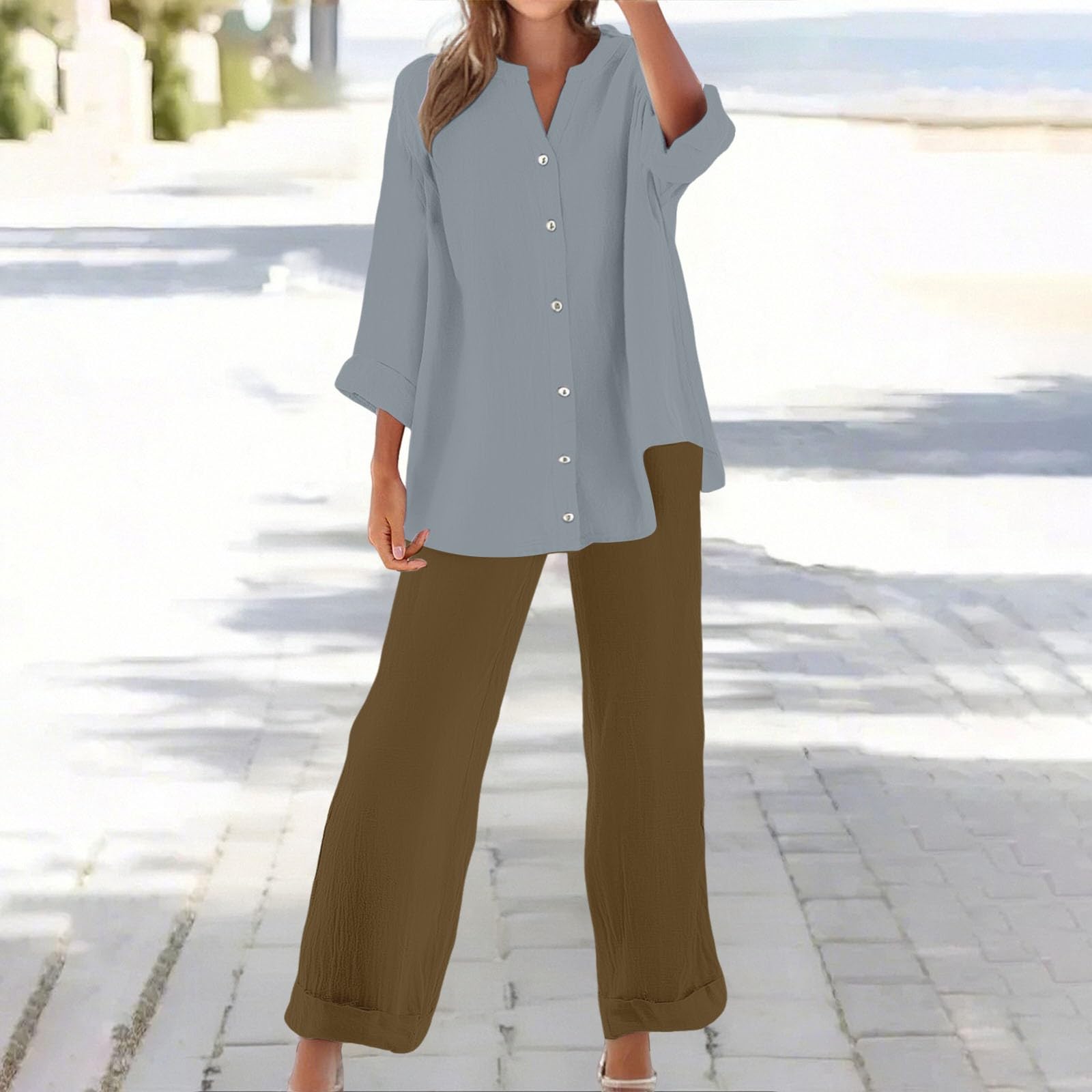 

Women s Fashion Button-Down Casual Oversized Shirt Two-Piece Set L
