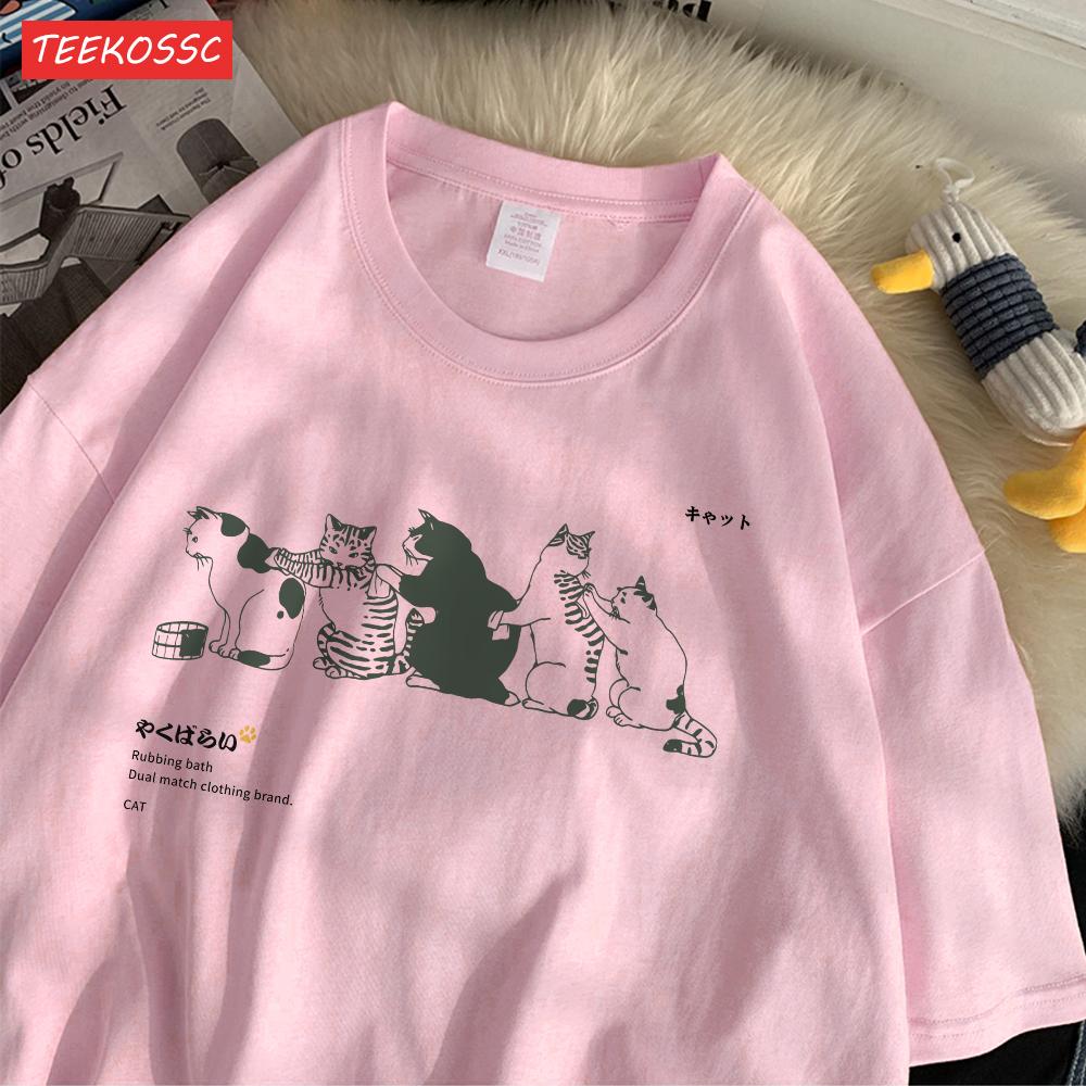 Summer Cotton WomenS TShirts Japanese Vintage Cats Printing Short Sleeve ONeck Breathable Loose Tops Casual Female Clothes