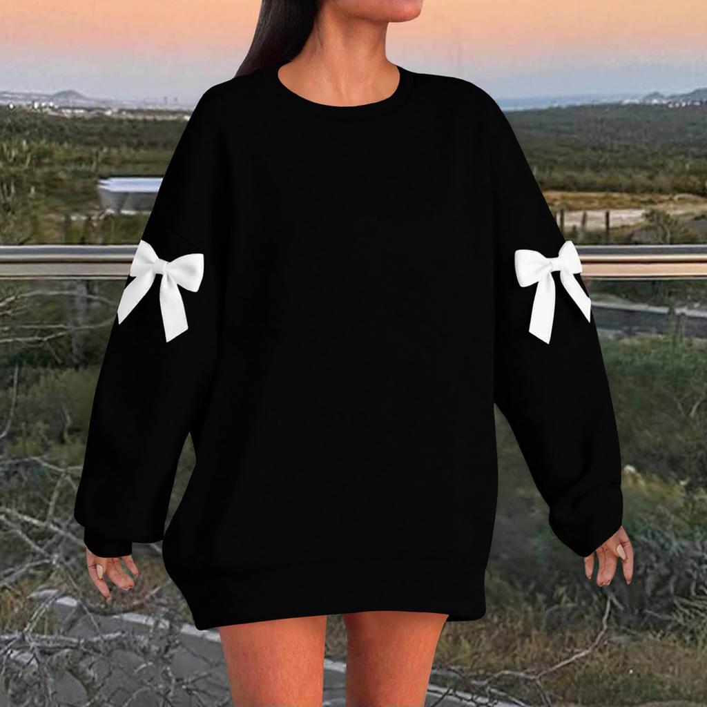 Women's Solid Color Bow Round Neck Long Sleeved Loose Pullover Sweater Sweatshirt