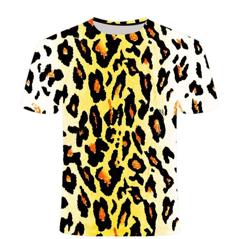Leopard Printing T-shirt Contrasting Stripes Fleck O-neck T Shirt For Men And Women's Summer Fashion Comfortable Top