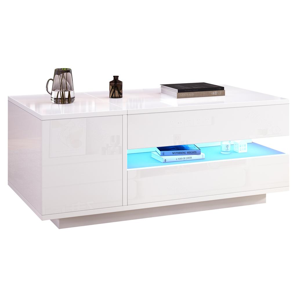 95*50*34.5cm Liftable Coffee Table with 1 Drawer, 1 Cabinet, LED, High-Gloss, Hidden Storage, Half-Open Storage, White