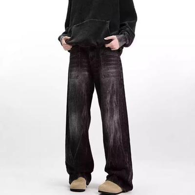 High Street Pants Trendy Brand American Retro Washed Black Old Jeans Men's Loose Wide Leg Straight Pants