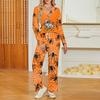Women's Casual V-Neck Long Sleeve Pajama Set with Halloween Print and Pockets