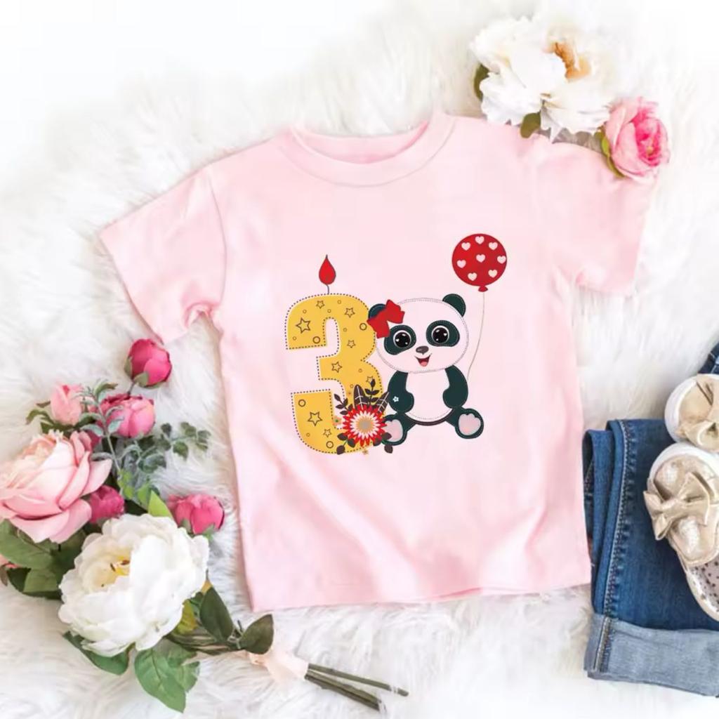 Hotselling Birthday Panda Digital Print Childrens Tshirts Roundneck Shortsleeved Tshirts for Boys and Girls Summer Modal