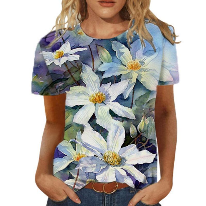 Summer Round Neck 3D Floral Pattern Printed Top Fashionable Casual Short Sleeved Women's T-shirt