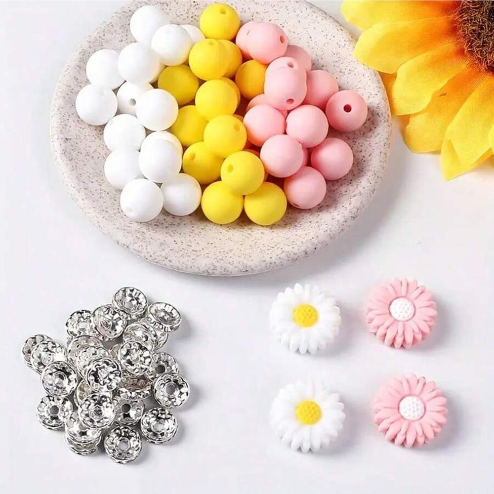 73/79PCS daisy silicone beads, 12/14/15mm round printed silicone beads in bulk, DIY keychain bracelet jewelry making