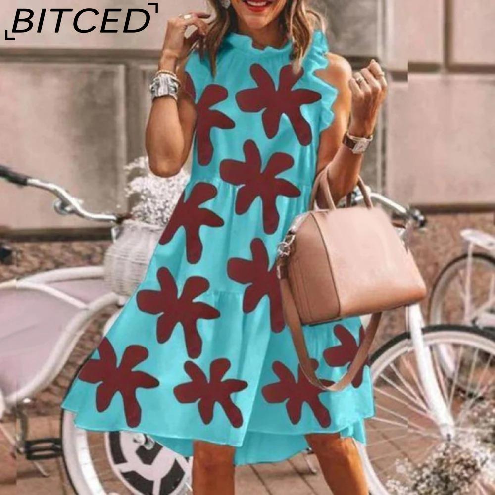 BITCED Women Floral Print Dress Loose Streetwear Knee Length Sleeveless Ruffle Party Dress S-3XL