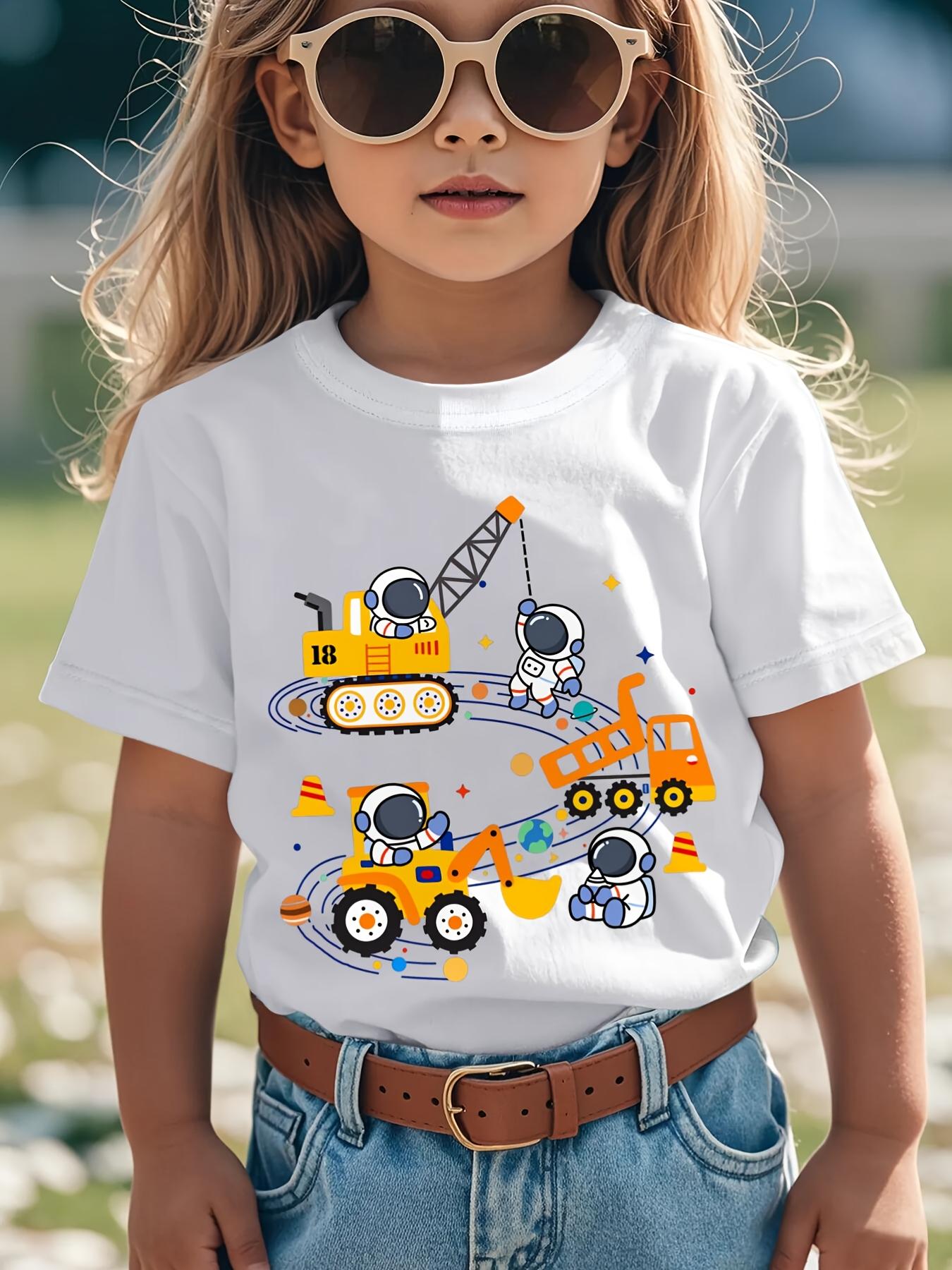 Европейский размер Цветная Мультяшная Футболка с Графикой Строительной Техники и Астронавта для Детей Веселая и Игривая Летняя Футболка с Круглым Вырезом 98cm