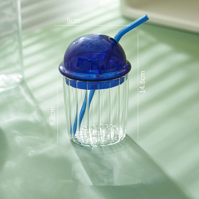 Gestreifter Kaffeebecher Klar Blasen Milchwasserbecher mit Deckel Milchglas Party Hochzeit Frühstück Dessert Trinkbecher