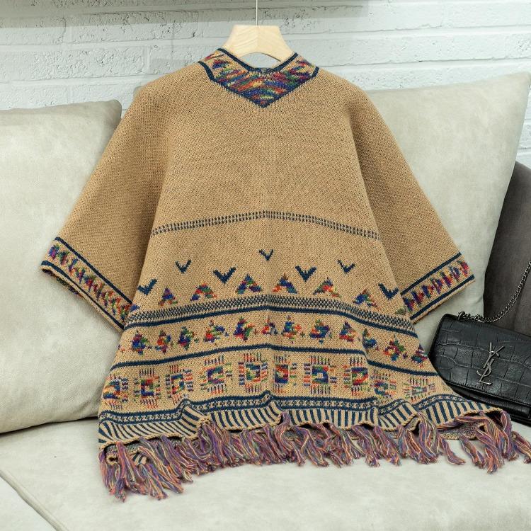 Fashion Women V-Neck Loose Knitwear Sweater Bat Sleeve Cardigan Autumn Winter Print Cloak Cross Border