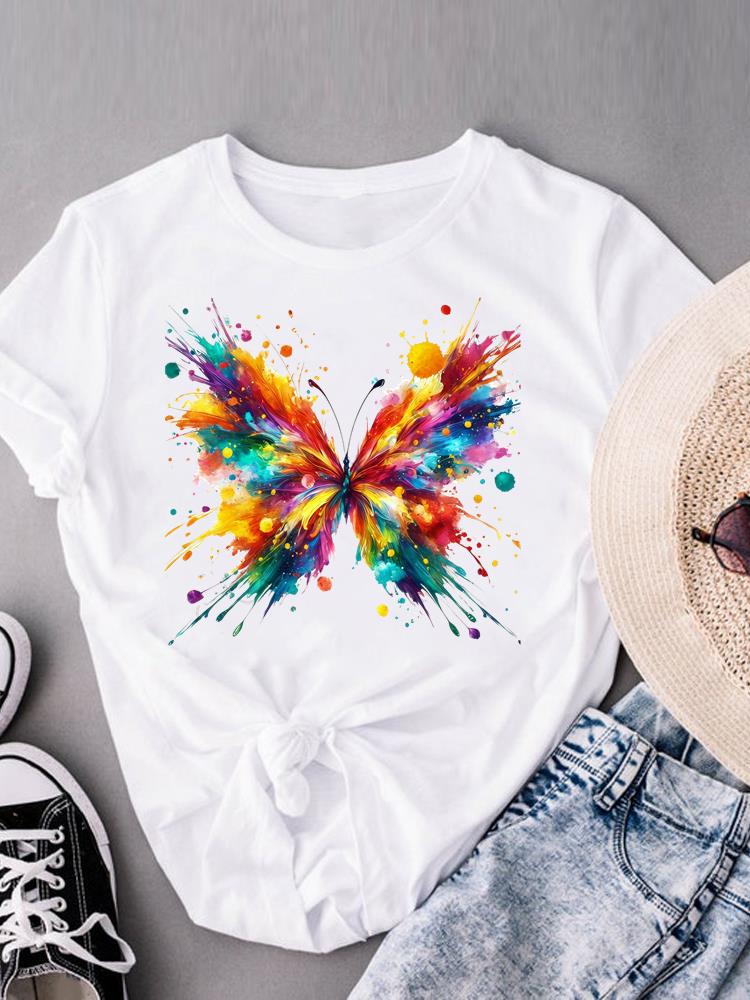 (Asian Size) Watercolor Butterfly Trend Print Casual Top O-neck Short Sleeve T-shirts T Graphic Tee Fashion Female Women's Clothing