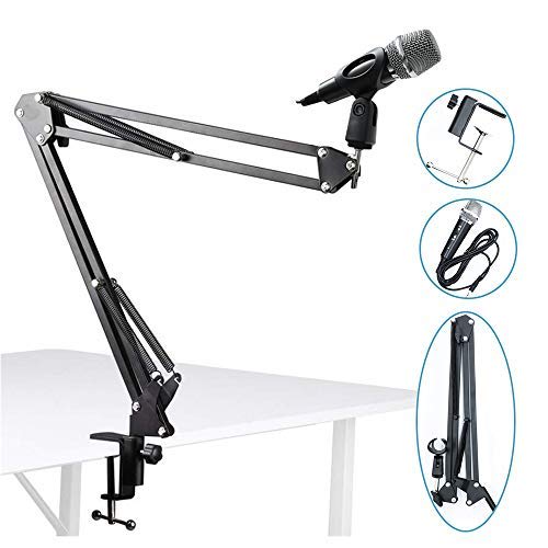 Desk Arm Microphone Stand, Tabletop, Extendable Holder with Flexible Arm and Clamp for Studio Microphones and Condenser Microphones, Foldable Stand Ar