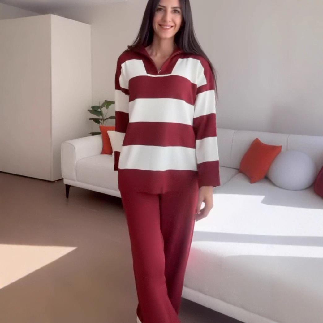 2025 Autumn Women s Casual Striped Zipper Sweater - Trendy Long-Sleeved Fashion XXXL