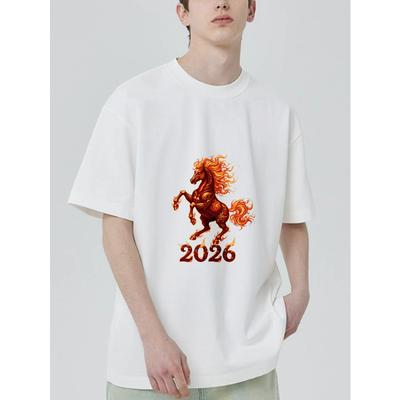 Black T-Shirt With Flame Horse And 2026 Print For Casual Wear