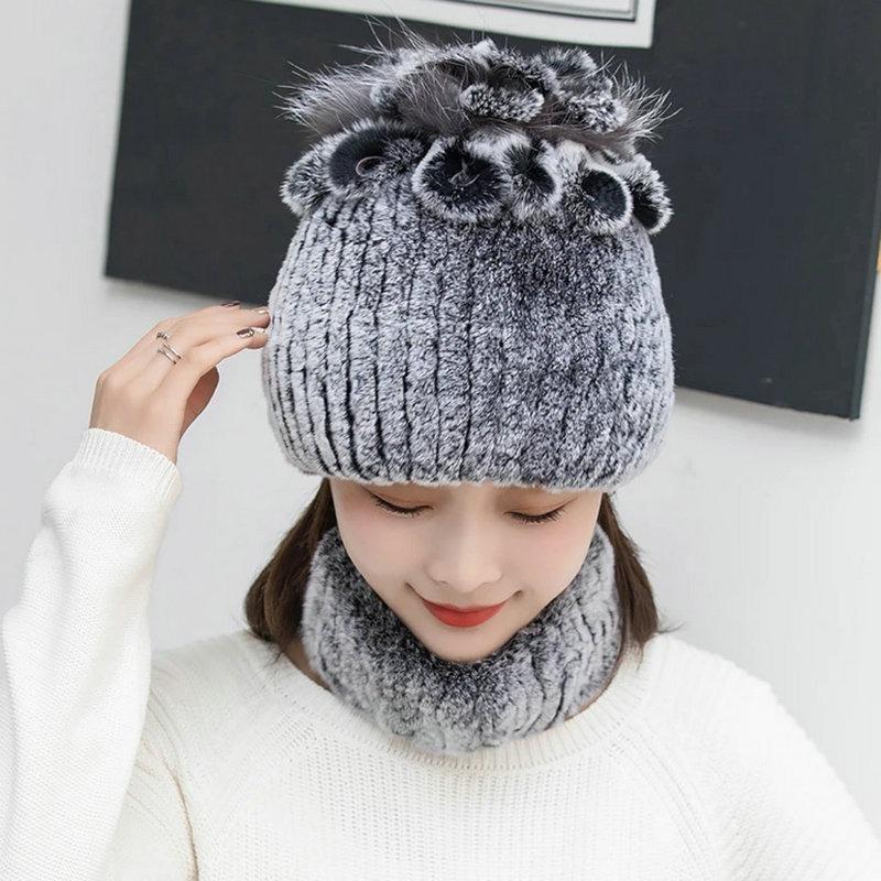 New Women's Rex Rabbit Hair Hat Winter Thickened Warm Fashion Versatile Elastic Fur Woven Hand Sewn Knitted Hat