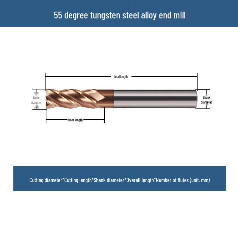 Yili 55° Tungsten Steel CNC Milling Cutter, Four-Flute Flat-Bottom, Rounded-End Mill for Alloy Cutting