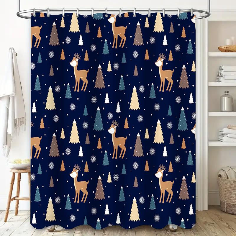 Winter Wonderland Reindeer Pine Tree Shower Curtain Set Navy Blue Christmas Decor Bathroom Accessory for Home Decor