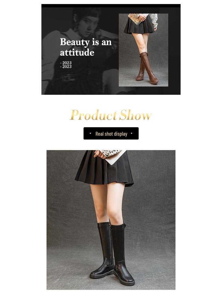 Women's Retro Leather Over-the-Knee Boots with Thick Sole and Velvet Lining - Versatile High-Top for Autumn/Winter